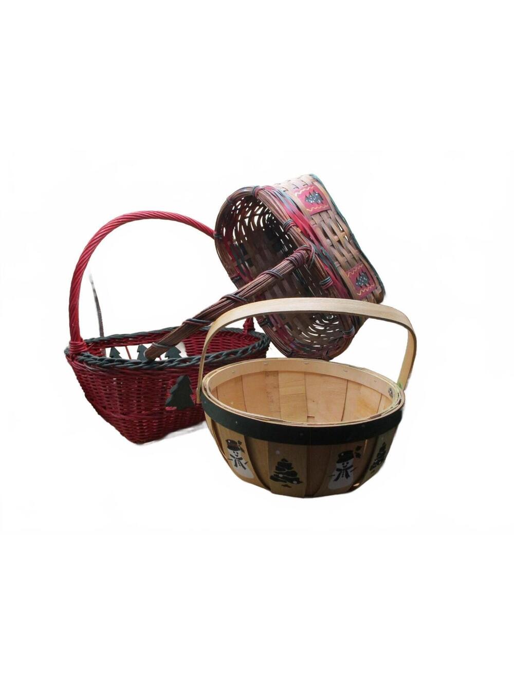 Wholesale Lot 3pc Christmas Holiday Basket Set Snowman Tree Woven Wooden Slatt